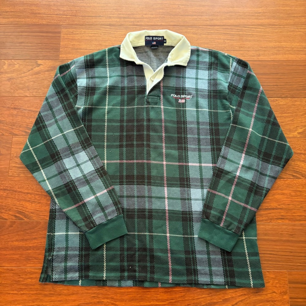 Vintage 90's Polo Sport Ralph Lauren Plaid Rugby Shirt Made In Usa Green Blue M